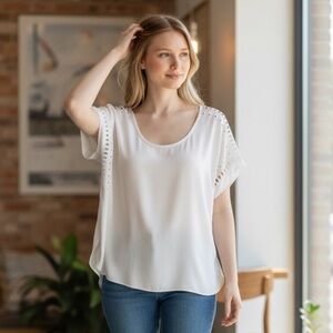 LOFT Cutout Pattern Dolman Cap Sleeve Blouse in Cream, Medium